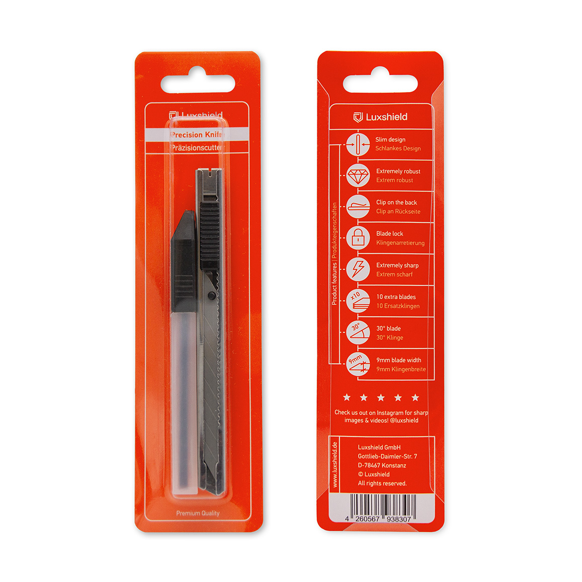 Luxshield Edelstahl Cutter mit 10 ultrascharfen 30° Klingen